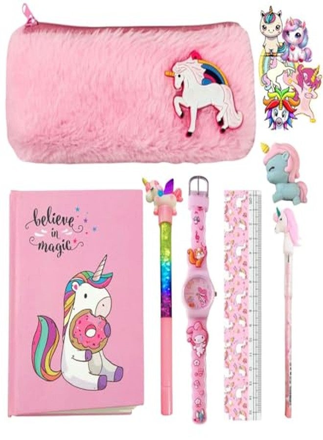 GLITREEPROPS Latest cute stationery, fur pouch unicorn, mini diary with stickers, water glitter pen, scale & eraser - Image 1